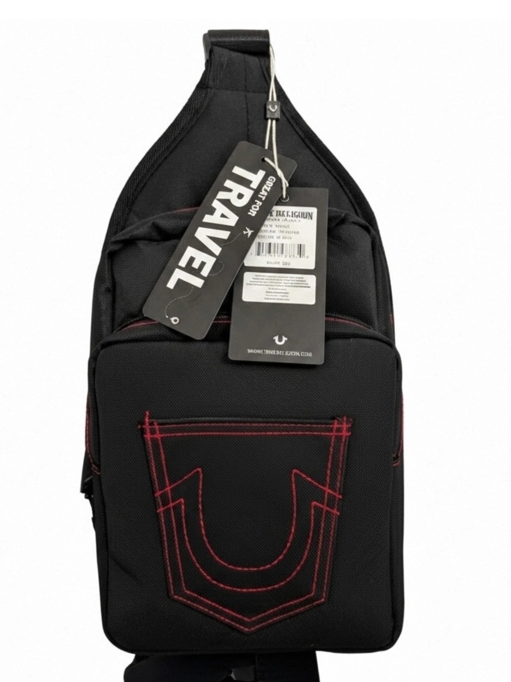 True Religion Black Sling Bag with Red Contrast Stitching